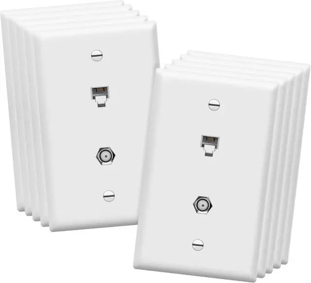 Main image of ENERLITES Combination Coaxial TV Cable / RJ11 Telephone Jack Wall Plate, F-Type F81 Connector, 6-Position 4-Conductor (2-Line Support), 1-Gang 4.50" x 2.76", 6641-W-10PCS, White (10 Pack)