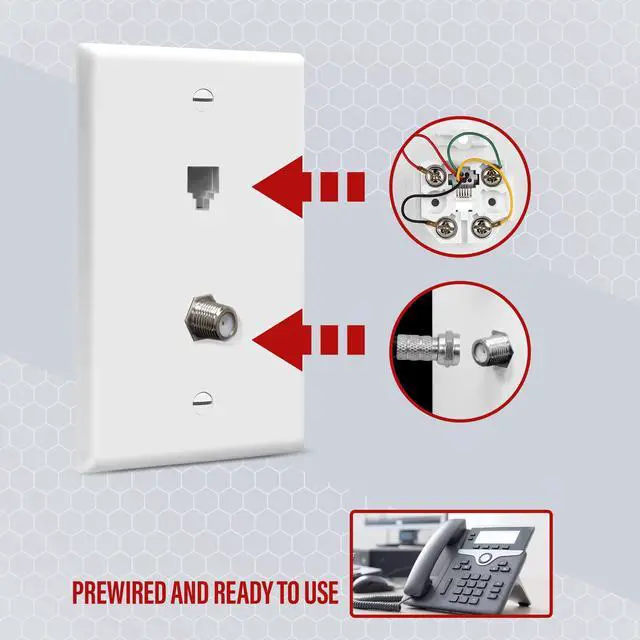 Alt view image 3 of 5 - ENERLITES Combination Coaxial TV Cable / RJ11 Telephone Jack Wall Plate, F-Type F81 Connector, 6-Position 4-Conductor (2-Line Support), 1-Gang 4.50" x 2.76", 6641-W-10PCS, White (10 Pack)