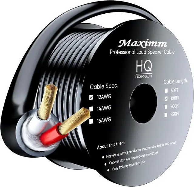 Main image of Maximm in Wall Speaker Wire - 100 Feet, Black - 12AWG CL3 Rated 2-Conductor Wire 12/2 (Copper Clad Aluminum)
