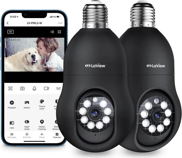 Main image of LaView 4MP Bulb Security Camera 2.4GHz,360deg 2K Security Cameras Wireless Outdoor Indoor Full Color Day and Night, Motion Detection, Audible Alarm, Easy Installation, Compatible with Alexa (2 Pack)