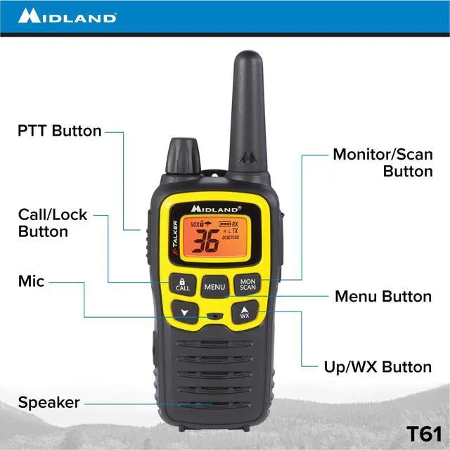 Alt view image 2 of 5 - Midland T61VP3 36 Channel FRS Two-Way Radio - Up to 32 Mile Range Walkie Talkie - Yellow/Black (Pack of 12)