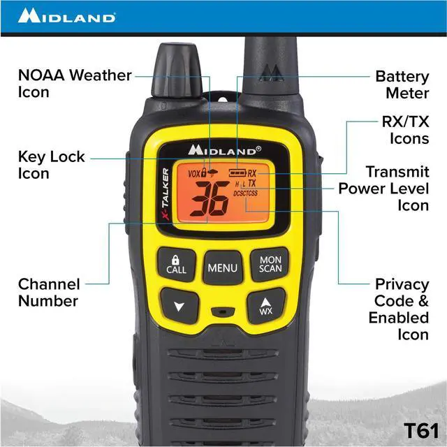 Alt view image 3 of 5 - Midland T61VP3 36 Channel FRS Two-Way Radio - Up to 32 Mile Range Walkie Talkie - Yellow/Black (Pack of 12)