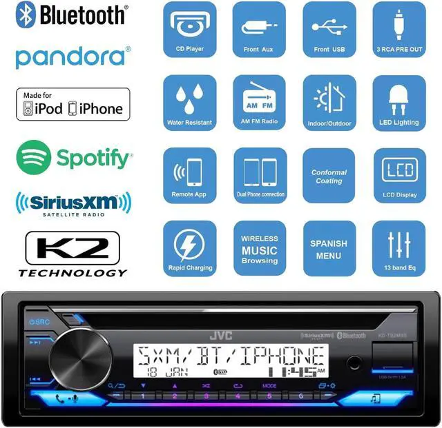 Alt view image 2 of 5 - JVC in-Dash Marine Bluetooth USB/AUX Stereo Digital Media Receiver Bundle Combo with 4X 6.5 100 Watt Peak Power Boat Black Speakers, Dash Protector, 40" Antenna, Speaker Wire