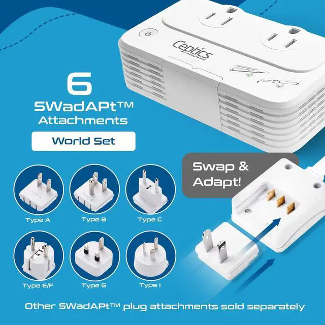 Alt view image 3 of 5 - Ceptics Travel Voltage Converter -200W Convert 220V to 110V for Curling Iron, Straightener, Charger Step Down World Power Plug - 4 USB PD 18W Fast Charging - SWadApt - Type A, B, C, E/F, G, I Include