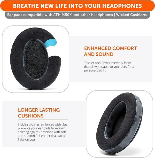 Alt view image 4 of 5 - WC PadZ Velour - The Ultimate Upgraded Earpads by Wicked Cushions - Compatible with Audio Technica, HyperX, SteelSeries Arctis & More - Extra Thick - Bigger Opening - Softer Memory Foam | Black Camo