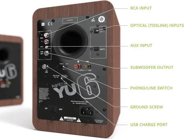 Alt view image 3 of 5 - Kanto YU6WALNUT Powered Bookshelf Speakers with Bluetooth and Phono Preamp | Pair | Walnut
