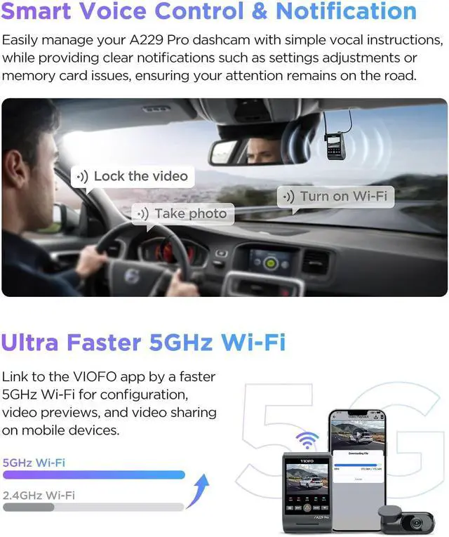 Alt view image 5 of 5 - VIOFO A229 Pro 4K HDR Dash Cam, Dual STARVIS 2 IMX678 IMX675, 4K+2K Front and Rear Car Camera, 2 Channel with HDR, Voice Control, 5GHz WiFi GPS, Night Vision 2.0, 24H Parking Mode, Support 512GB Max