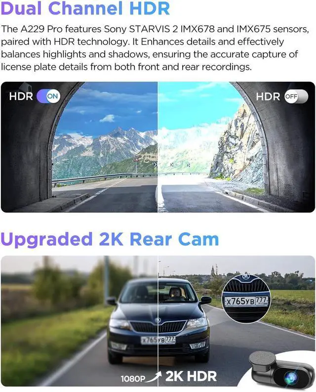 Alt view image 4 of 5 - VIOFO A229 Pro 4K HDR Dash Cam, Dual STARVIS 2 IMX678 IMX675, 4K+2K Front and Rear Car Camera, 2 Channel with HDR, Voice Control, 5GHz WiFi GPS, Night Vision 2.0, 24H Parking Mode, Support 512GB Max