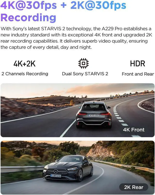 Alt view image 2 of 5 - VIOFO A229 Pro 4K HDR Dash Cam, Dual STARVIS 2 IMX678 IMX675, 4K+2K Front and Rear Car Camera, 2 Channel with HDR, Voice Control, 5GHz WiFi GPS, Night Vision 2.0, 24H Parking Mode, Support 512GB Max