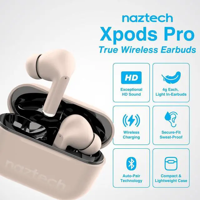 Alt view image 2 of 5 - Naztech Xpods PRO - True Wireless Noise Cancelling Earbuds w/Touch Control, IPX4 Water-Resistant, HD Sound, Secure Fit for Sports, Gym Workouts & More, includes Wireless Charging Case - Sandstone