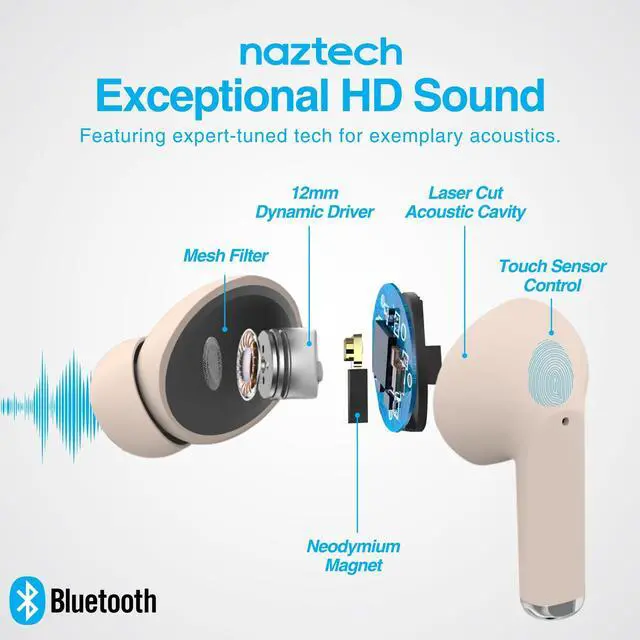 Alt view image 3 of 5 - Naztech Xpods PRO - True Wireless Noise Cancelling Earbuds w/Touch Control, IPX4 Water-Resistant, HD Sound, Secure Fit for Sports, Gym Workouts & More, includes Wireless Charging Case - Sandstone