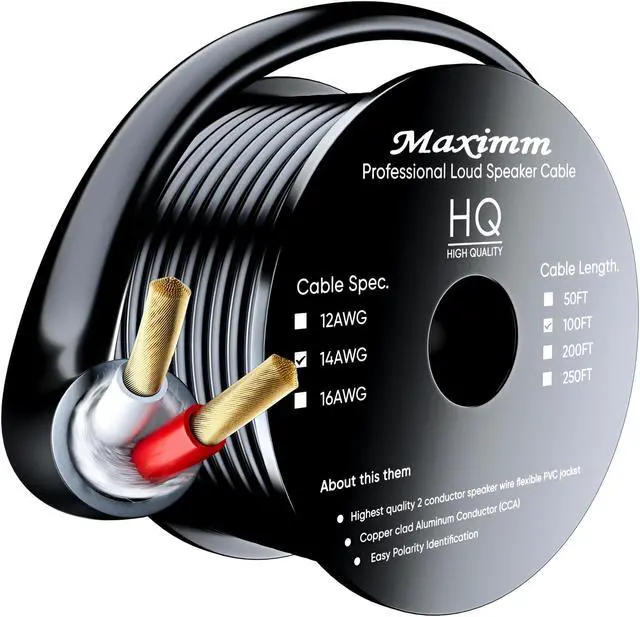 Main image of Maximm in Wall Speaker Wire - 100 Feet, Black - 14AWG CL3 Rated 2-Conductor Wire 14/2 (Copper Clad Aluminum)