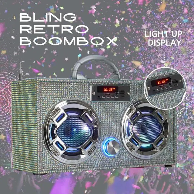 Alt view image 2 of 5 - Wireless Express - Mini Boombox with LED Speakers - Retro Bluetooth Speaker w/Enhanced FM Radio - Perfect for Home and Outdoor (Iridescent Bling)