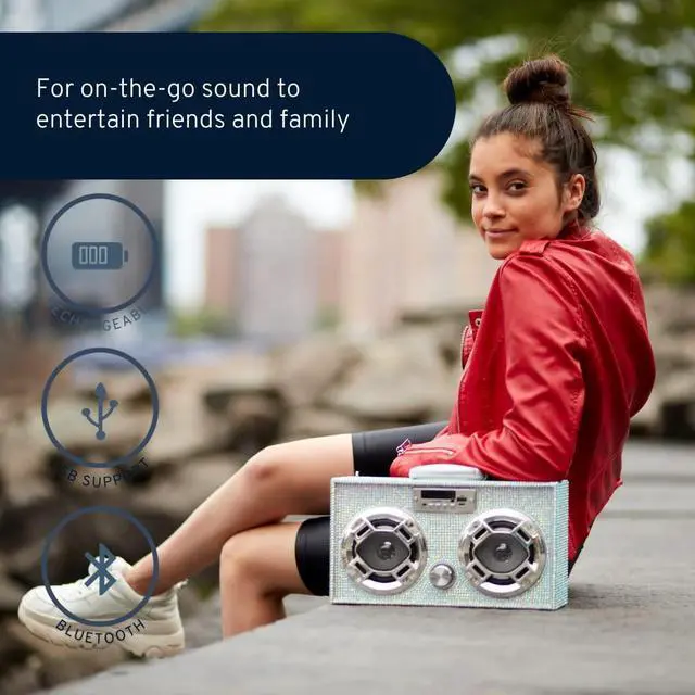 Alt view image 3 of 5 - Wireless Express - Mini Boombox with LED Speakers - Retro Bluetooth Speaker w/Enhanced FM Radio - Perfect for Home and Outdoor (Iridescent Bling)