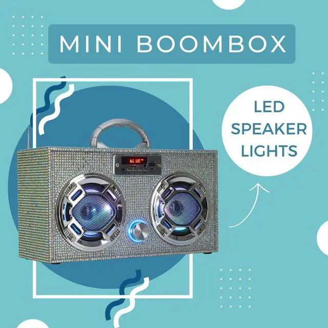 Alt view image 4 of 5 - Wireless Express - Mini Boombox with LED Speakers - Retro Bluetooth Speaker w/Enhanced FM Radio - Perfect for Home and Outdoor (Iridescent Bling)
