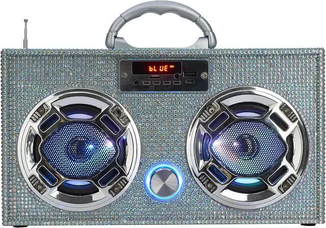 Alt view image 5 of 5 - Wireless Express - Mini Boombox with LED Speakers - Retro Bluetooth Speaker w/Enhanced FM Radio - Perfect for Home and Outdoor (Iridescent Bling)