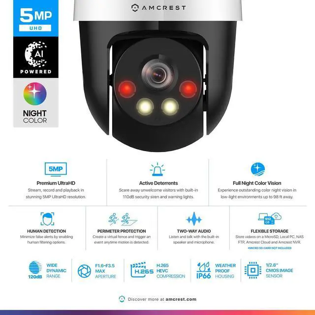 Alt view image 2 of 5 - Amcrest 5MP UltraHD Mini AI Outdoor IP PoE Camera, Pan/Tilt Security IP Camera with Two-Way Audio, 98ft Full Color Night Vision, Active Deterrents, 5-Megapixel, Wide 104.8deg FOV, IP5M-1190EW (White)