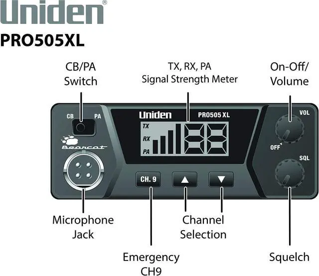 Alt view image 4 of 5 - Uniden PRO505XL 40-Channel CB Radio. Pro-Series, Compact Design. Public Address (PA) Function. Instant Emergency Channel 9, External Speaker Jack, Large Easy to Read Display. - Black