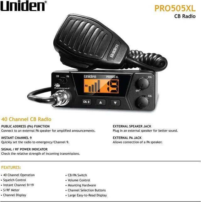 Alt view image 2 of 5 - Uniden PRO505XL 40-Channel CB Radio. Pro-Series, Compact Design. Public Address (PA) Function. Instant Emergency Channel 9, External Speaker Jack, Large Easy to Read Display. - Black