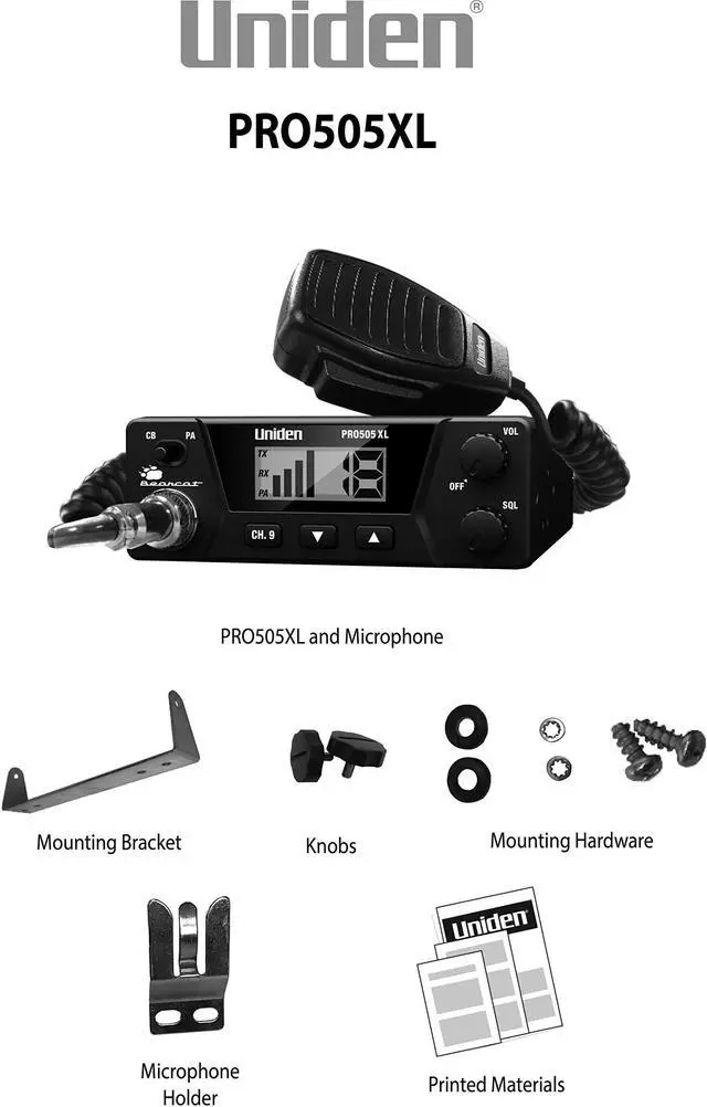 Alt view image 3 of 5 - Uniden PRO505XL 40-Channel CB Radio. Pro-Series, Compact Design. Public Address (PA) Function. Instant Emergency Channel 9, External Speaker Jack, Large Easy to Read Display. - Black