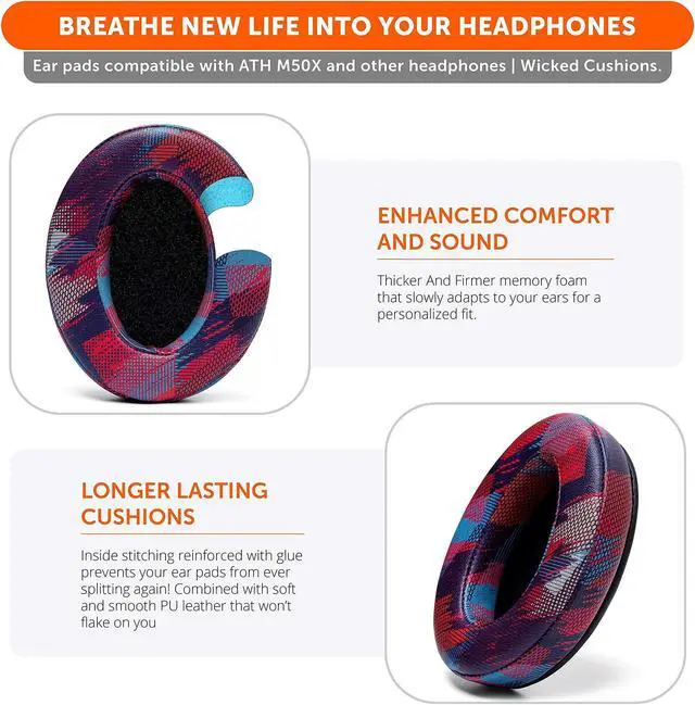 Alt view image 4 of 5 - Design Pack | WC Wicked Cushions Upgraded Replacement Earpads for ATH M50X - Fits Audio Technica M40X / M50XBT / HyperX Cloud & Cloud 2 / SteelSeries Arctis 3/5 / 7 / 9X & Pro Wireless/Stealth 600