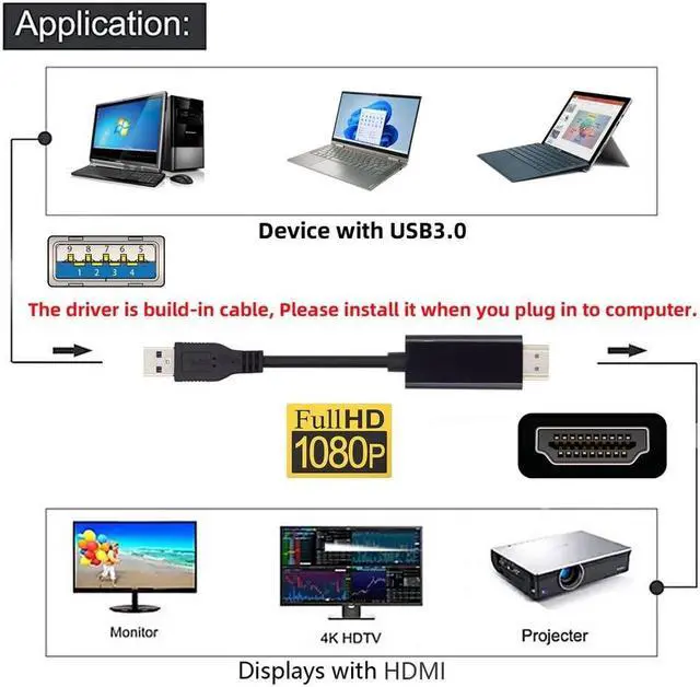 Alt view image 3 of 5 - xiwai USB to HDMI Adapter Cable for Desktop Laptop PC, USB 3.0 to HDMI Male HD 1080P Projector Video Monitor Converter Cord 6FT