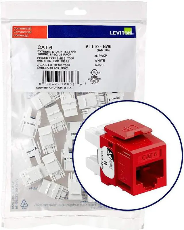 Main image of Leviton 61110-BC6 eXtreme 6+ QuickPort Connector, CAT 6, Crimson, 25-Pack
