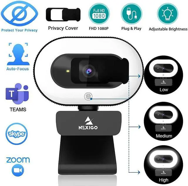 Alt view image 2 of 5 - NexiGo 1080P Streaming Webcam with Mini Tripod Kits, 2021 N930E AutoFocus Web Camera with Ring Light and Privacy Cover, Flexible Camera Tripod Stand, for Zoom/Skype/Teams, MAC PC