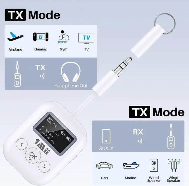 Alt view image 2 of 5 - 1Mii SafeFly Min+ Bluetooth Transmitter and Receiver,Bluetooth Adapter for Airplane, 2 Devices can be Linked,Use with Any 3.5mm Jack on Airplanes, Gym Equipment, TVs,Old Audio and Auto-2024Upgraded