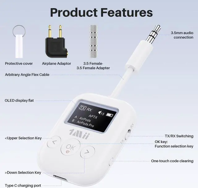 Alt view image 4 of 5 - 1Mii SafeFly Min+ Bluetooth Transmitter and Receiver,Bluetooth Adapter for Airplane, 2 Devices can be Linked,Use with Any 3.5mm Jack on Airplanes, Gym Equipment, TVs,Old Audio and Auto-2024Upgraded