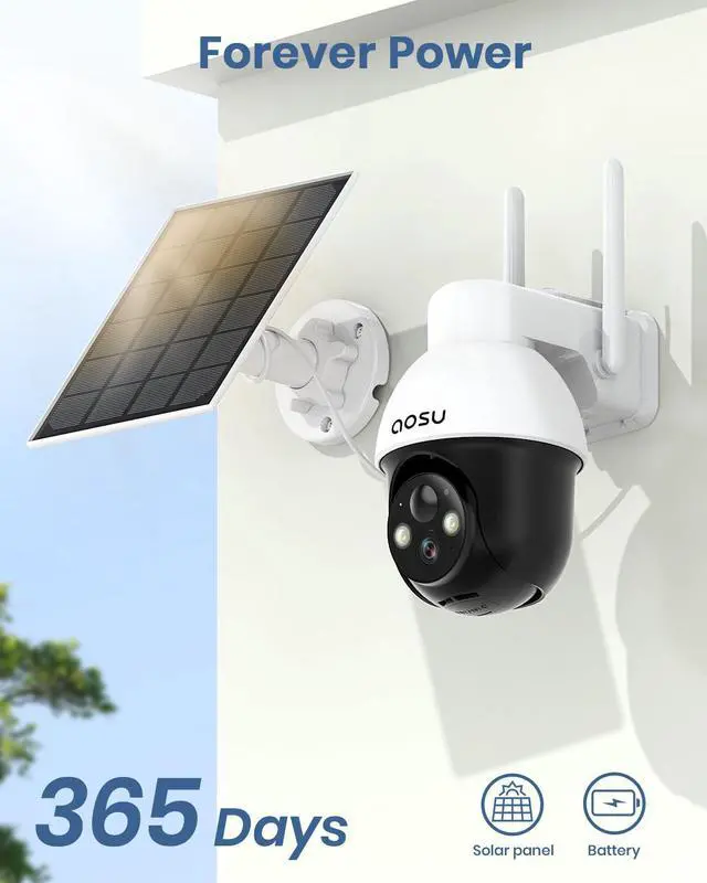 Alt view image 3 of 5 - AOSU Solar Security Camera Wireless Outdoor with Panoramic PTZ, Human Auto Tracking, 2K Night Vision, Light and Sound Alarm, 2-Way Audio, Compatible with Alexa/Google Assistant