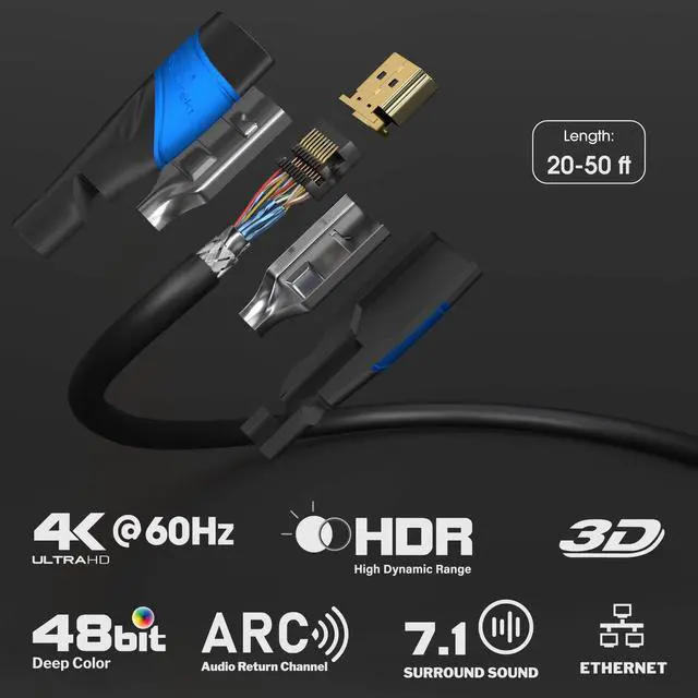 Alt view image 2 of 5 - HDMI Cable 4K - 50ft - with A.I.S Shielding - Designed in Germany (supports all HDMI devices like PS5, Xbox, Switch - 4K@60Hz, High Speed HDMI cord with Ethernet, black) - by CableDirect