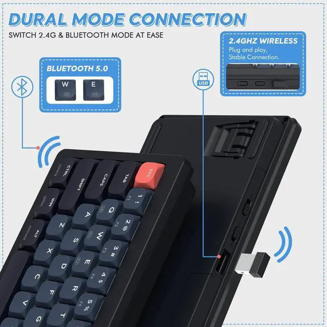 Alt view image 2 of 5 - A.JAZZ AKL680 Wireless Mechanical Keyboard,BT/2.4Ghz Dual-Mode Low Profile Gaming Keyboard with Red Switch,Full N-Key Rollover,Ultra-Compact 68 Keys Keyboard for PC/Laptop/Windows/Mac-Black/Blue