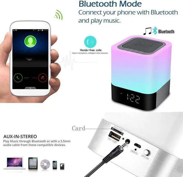 Alt view image 3 of 5 - Aisuo Night Light-5 in 1 Bedside Lamp with Bluetooth Speaker, 12/24H Digital Calendar Alarm Clock, Touch Control, Support TF and SD Card, Music Player, Gift for Girls Boys Teens,Warm White
