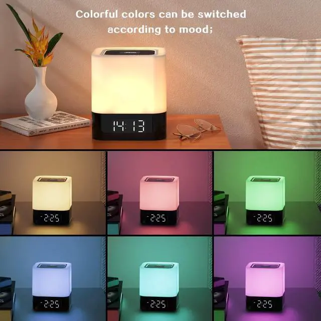 Alt view image 2 of 5 - Aisuo Night Light-5 in 1 Bedside Lamp with Bluetooth Speaker, 12/24H Digital Calendar Alarm Clock, Touch Control, Support TF and SD Card, Music Player, Gift for Girls Boys Teens,Warm White