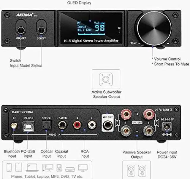 Alt view image 3 of 5 - AIYIMA D05 Bluetooth 5.0 Power Amplifier 120Wx2 Stereo HiFi 2.1 CH Digital Sound Amplificador 24Bit/192kHz Class D Amp USB DAC Coaxial Optical OLED AptX, Support Subwoofer & with Remote (D05)