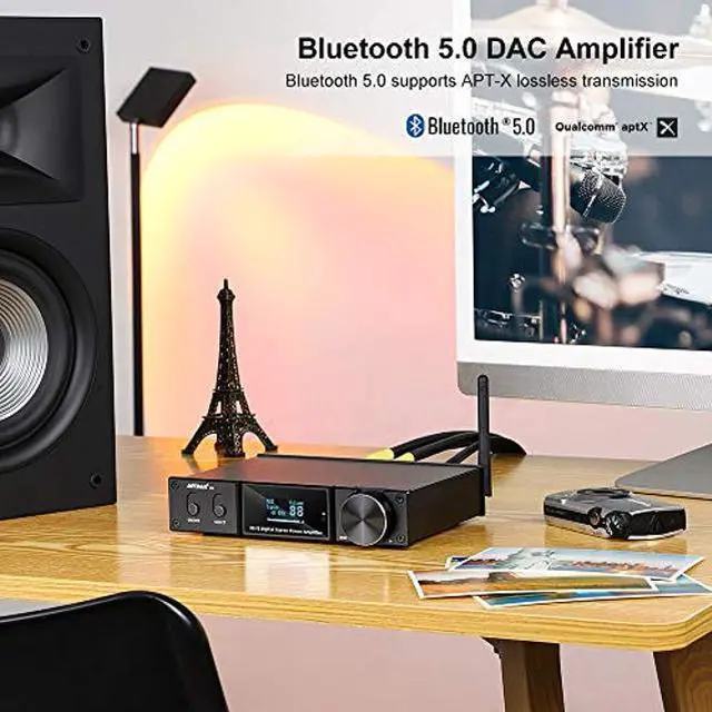 Alt view image 4 of 5 - AIYIMA D05 Bluetooth 5.0 Power Amplifier 120Wx2 Stereo HiFi 2.1 CH Digital Sound Amplificador 24Bit/192kHz Class D Amp USB DAC Coaxial Optical OLED AptX, Support Subwoofer & with Remote (D05)