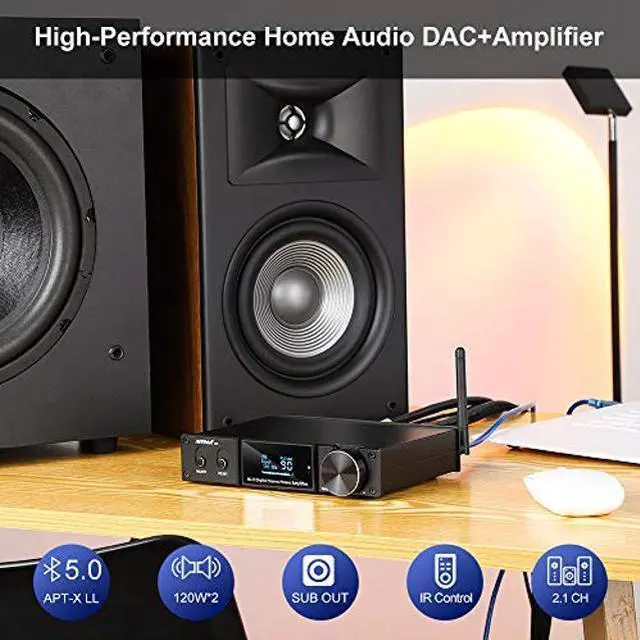 Alt view image 5 of 5 - AIYIMA D05 Bluetooth 5.0 Power Amplifier 120Wx2 Stereo HiFi 2.1 CH Digital Sound Amplificador 24Bit/192kHz Class D Amp USB DAC Coaxial Optical OLED AptX, Support Subwoofer & with Remote (D05)
