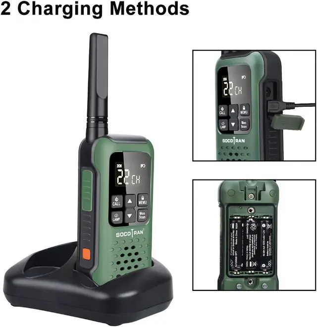 Alt view image 3 of 5 - Rechargeable Walkie Talkies Two Way Radio IP67 Waterproof Long Range 5 Miles Two Way Radios Floating Flashlight & SOS Emergency Lamp, NOAA Weather Alert Walkie-Talkie GREEN
