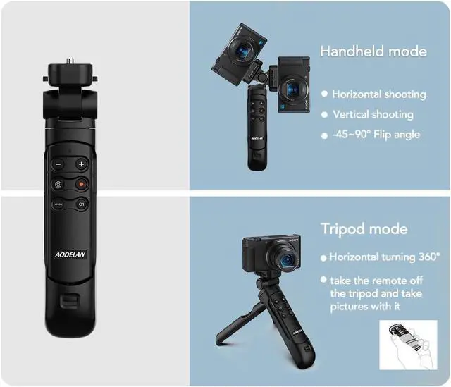 Alt view image 4 of 5 - AODELAN Wireless Shooting Grip Tripod with Remote Control for Vlogging, for Sony ZV-E10,ZV-1, a6100, a6400, a6600, a7 III, a7R III, a7R IV, a9, a9 II, Replace Sony GP-VPT2BT