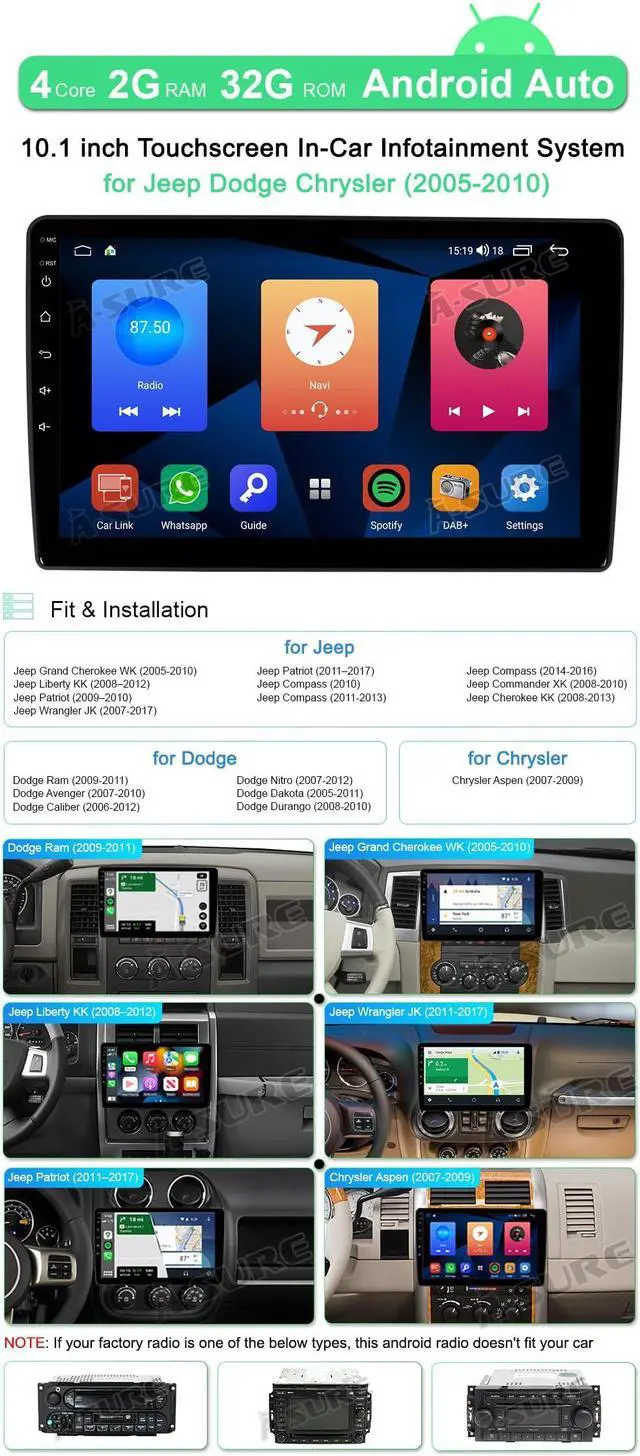 Alt view image 2 of 5 - ASURE 10.1 inch Car Stereo Radio for Grand Cherokee 2005-2010 Chrysler 300,Dodge Ram 1500 2009-2012,Jeep Wrangler 2007-2017 GPS Navigation Unit with Wireless Carplay,Android Auto,1280x720 Video Player