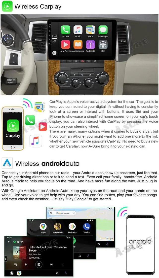 Alt view image 3 of 5 - ASURE 10.1 inch Car Stereo Radio for Grand Cherokee 2005-2010 Chrysler 300,Dodge Ram 1500 2009-2012,Jeep Wrangler 2007-2017 GPS Navigation Unit with Wireless Carplay,Android Auto,1280x720 Video Player