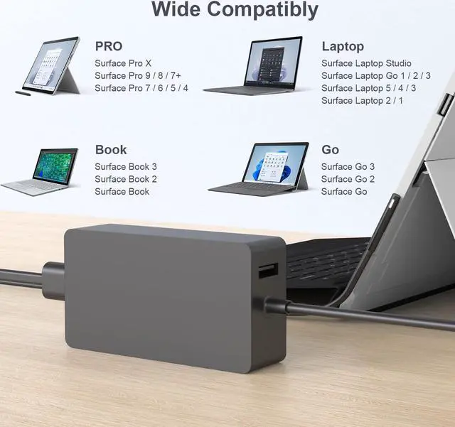 Alt view image 2 of 5 - Surface Book 2 Charger, AYNEFF 102W 15V 6.33A Surface Laptop Power Supply Compatible with Microsoft Surface Book 2/3 Surface Laptop 2/3/4/5 Surface Pro 9/8/7/6/5 DC Cable 5.9ft with USB 5V 1.5A