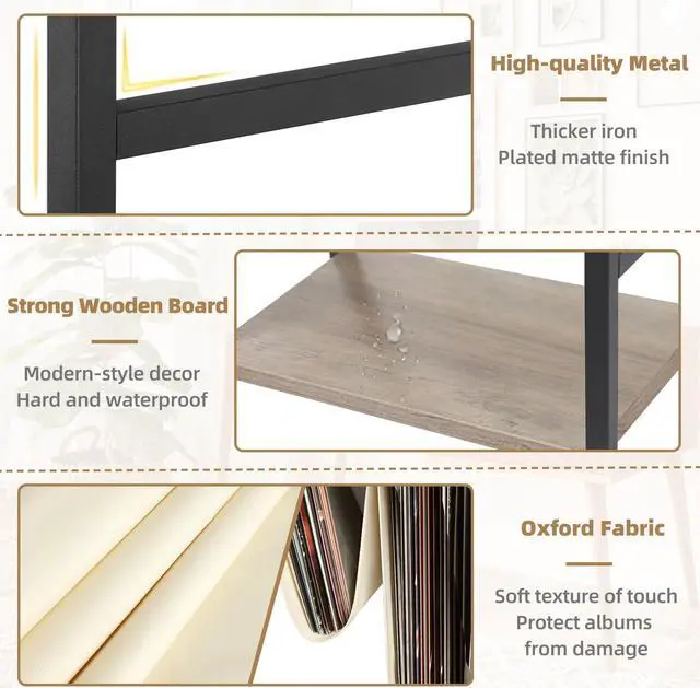 Alt view image 5 of 5 - Bikoney Record Player Stand, Turntable Stand with 3-Tier Vinyl Record Storage, Record Player Table Up to 200 Albums, End Table for Vinyl Records, Vinyl Record Holder Cabinet for Living Room White