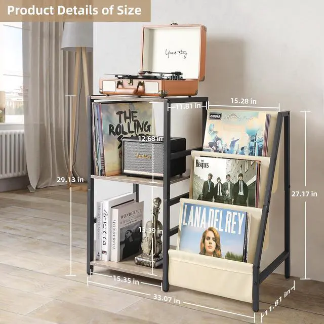 Alt view image 4 of 5 - Bikoney Record Player Stand, Turntable Stand with 3-Tier Vinyl Record Storage, Record Player Table Up to 200 Albums, End Table for Vinyl Records, Vinyl Record Holder Cabinet for Living Room White