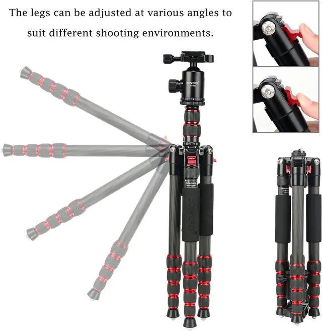 Alt view image 4 of 5 - BONFOTO B690C Lightweight Carbon Fiber Portable Tripod Compact Travel Camera Tripod Monopod with 360 Degree Ball Head,1/4" Quick Release Plate and Carry Bag for DSLR Cameras
