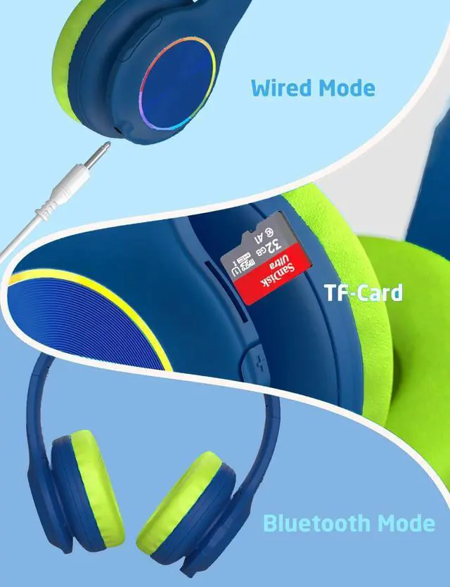 Alt view image 4 of 5 - 2023 Bluetcooth Kids Headphones Fit for Aged 3-21, Colorful LED Lights Comfort Wireless Headphones with Microphone 94dB Volume Limited for School/iPad/PC/TV/Cellphones, Wired, Blue and Green