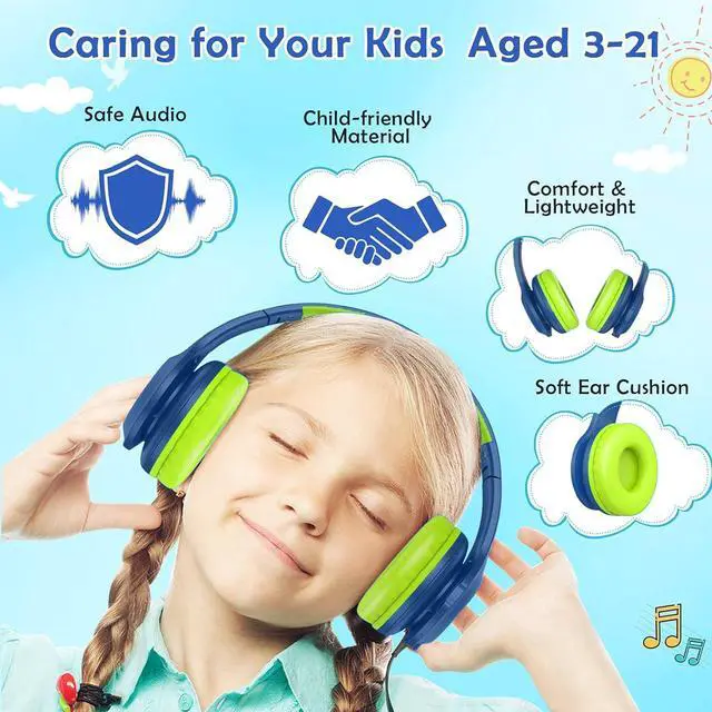 Alt view image 2 of 5 - 2023 Bluetcooth Kids Headphones Fit for Aged 3-21, Colorful LED Lights Comfort Wireless Headphones with Microphone 94dB Volume Limited for School/iPad/PC/TV/Cellphones, Wired, Blue and Green