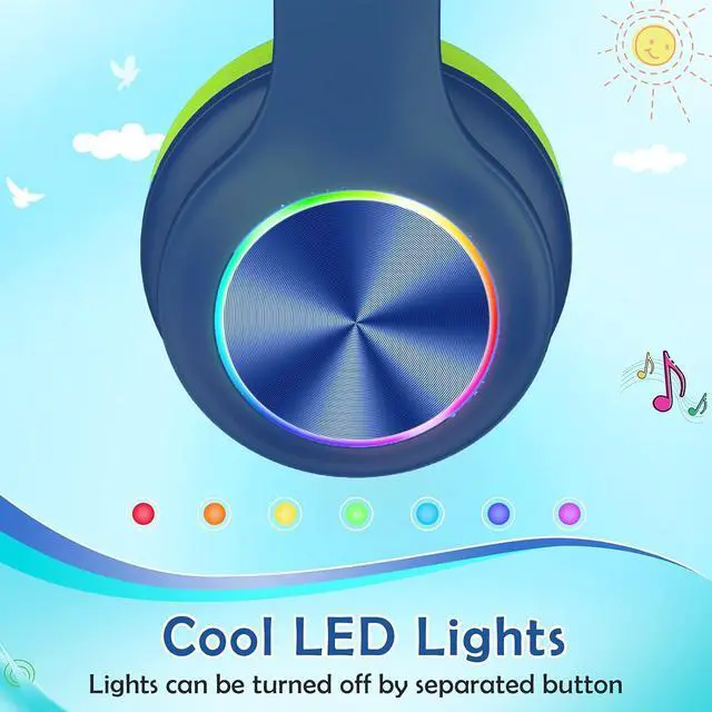 Alt view image 5 of 5 - 2023 Bluetcooth Kids Headphones Fit for Aged 3-21, Colorful LED Lights Comfort Wireless Headphones with Microphone 94dB Volume Limited for School/iPad/PC/TV/Cellphones, Wired, Blue and Green