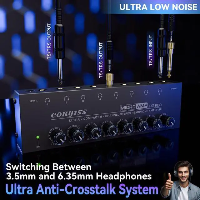 Alt view image 3 of 5 - COKYISS Headphone Amplifier,8 Channel Stereo Headphone Amp,Portable Metal Earphone Splitter,with Built-in Equalizer,w/8 1/4" TRS Headphones Output and 1/4' TRS Audio Input for Sound Mixer